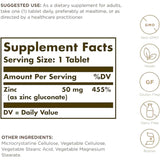 Solgar Zinc 50 mg - 100 Tabletas - Tabla Nutricional - Puro Estado Físico