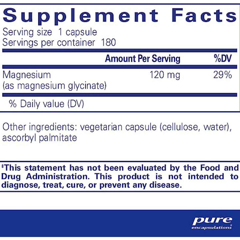 Pure Encapsulations Glicinato Magnesio - 180 Cápsulas - Tabla Nutricional - Puro Estado Físico