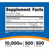 Nutricost Vitamina A 10000 IU - 500 Cápsulas Blandas - Tabla Nutricional - Puro Estado Físico