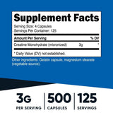 Nutricost Monohidrato de creatina 3 g - 500 Cápsulas - Tabla Nutricional - Puro Estado Físico
