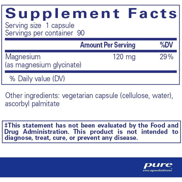 Pure Encapsulations Glicinato de Magnesio - 90 Cápsulas - Tabla Nutricional - Puro Estado Físico