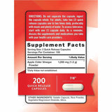 Nature's Truth Vinagre de Manzana 1200 mg - 200 Cápsulas de Liberación Rápida - Tabla Nutricional - Puro Estado Físico
