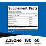 Nutricost Potenciador de Óxido Nítrico 2250 mg - 180 Cápsulas - Tabla Nutricional - Puro Estado Físico