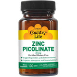 Frasco de suplemento Country Life Picolinato de Zinc 25 mg 100 tabletas