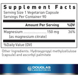 Tabla nutricional del suplemento Douglas Laboratories Citrato de Magnesio 150 mg 90 Cápsulas Vegetarianas