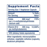 Tabla nutricional del suplemento Life Extension BioActive Folate & Vitamin B12 90 Cápsulas Vegetarianas