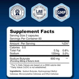 Tabla nutricional del suplemento LongJuvity Labs Butirato de Sodio 120 cápsulas