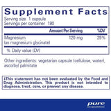 Tabla nutricional del suplemento Pure Encapsulations Glicinato de Magnesio 180 cápsulas
