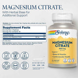 Tabla nutricional del suplemento Solaray Citrato de Magnesio 400 mg 90 Cápsulas Vegetales