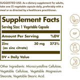 Tabla nutricional del suplemento Solgar Citrato de Zinc 30 mg 100 cápsulas