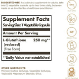 Tabla nutricional del suplemento Solgar L-Glutatión Reducido 250 mg 60 cápsulas