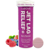 Frasco morado del suplemento 1 Above Jet Lag Relief sabor berry 10 tabletas efervescentes