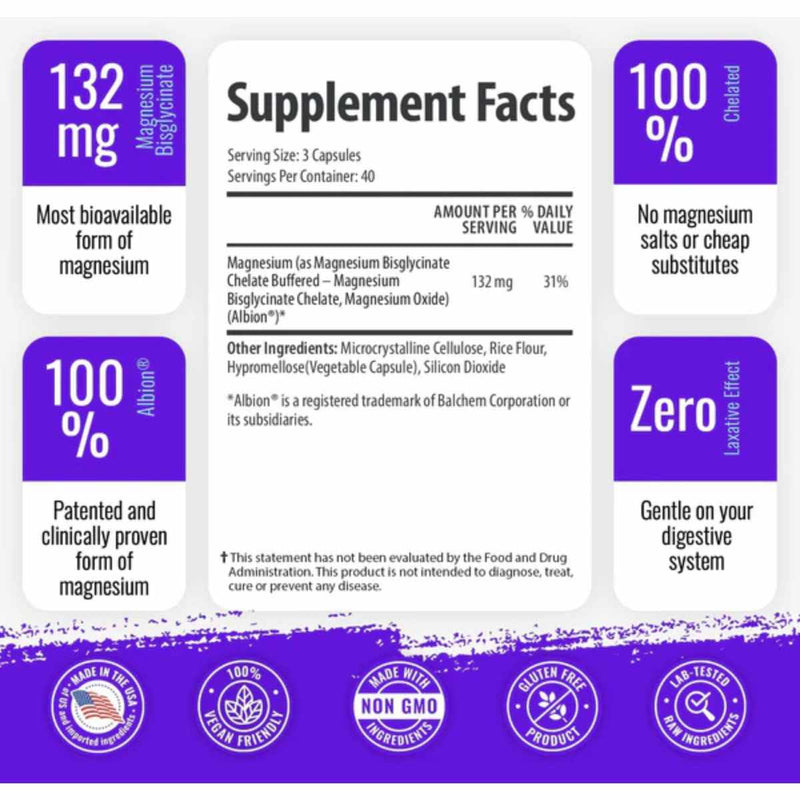 1 Body Bisglicinato de Magnesio  - 120 Cápsulas Veganas - Tabla Nutricional - Puro Estado Físico
