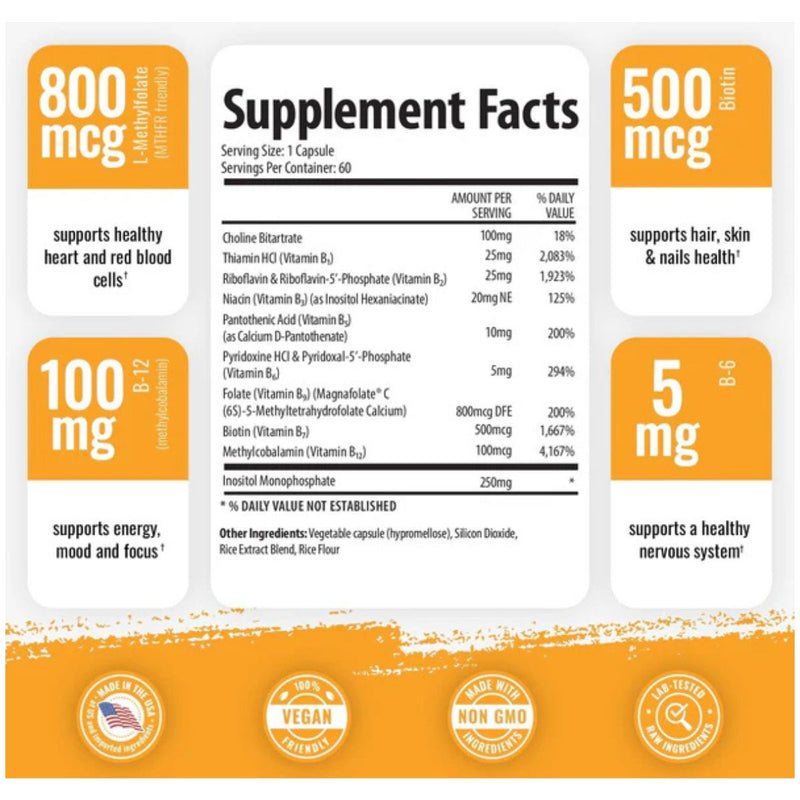 1 Body Complejo de vitamina B  - 60 Cápsulas Veganas - Tabla Nutricional - Puro Estado Físico
