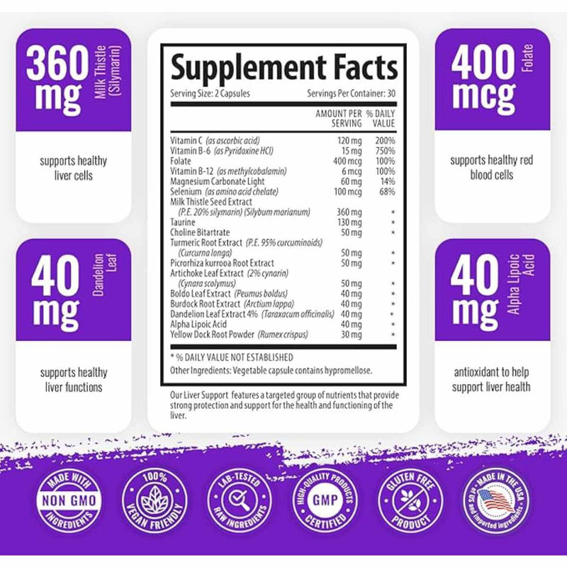 1 Body Soporte y Desintoxicación Hepática  - 60 Cápsulas Veganas - Tabla Nutricional - Puro Estado Físico
