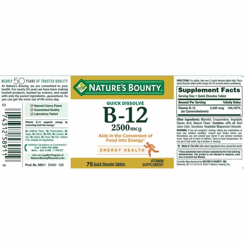 Nature's Bounty Vitamin B-12 - 2500 mcg - 75 Tabletas - Puro Estado Fisico