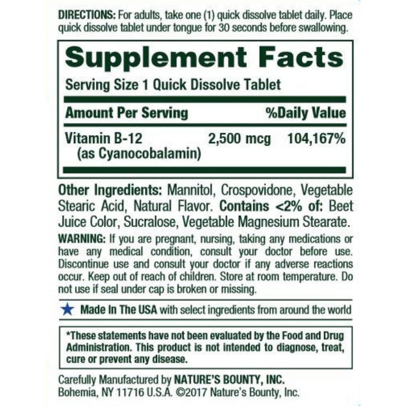 Nature's Bounty Vitamin B-12 - 2500 mcg - 75 Tabletas - Puro Estado Fisico