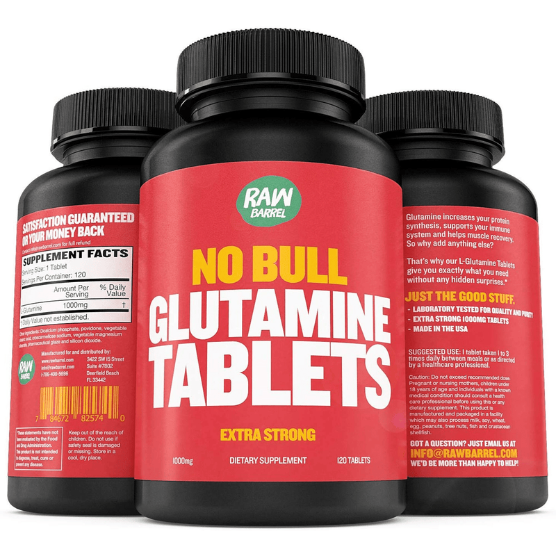 Raw Barrel No Bull Glutamine 1000 mg - 120 Tabletas - Puro Estado Fisico