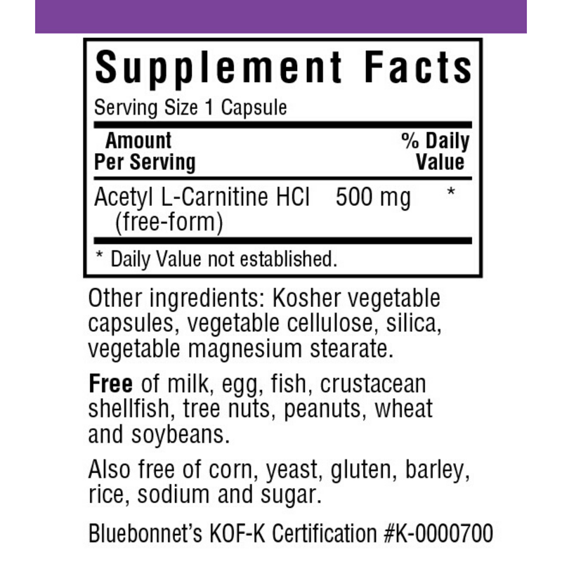 Bluebonnet Acetyl L-Carnitine 500 mg - Vegetable Capsules - Puro Estado Fisico