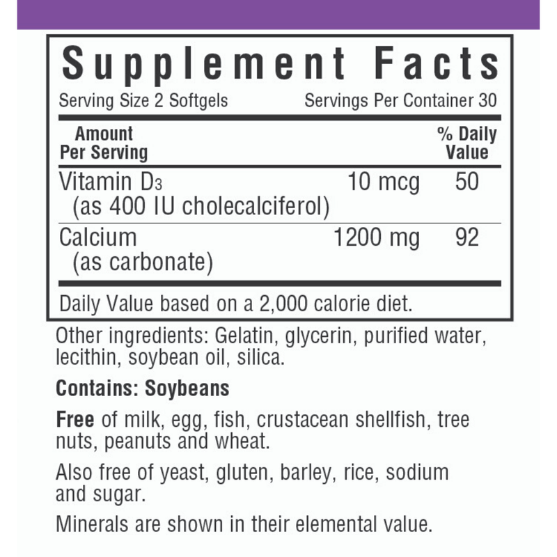 Bluebonnet Milk-Free Calcium 1200 mg Plus Vitamin D3 - Softgels - Puro Estado Fisico