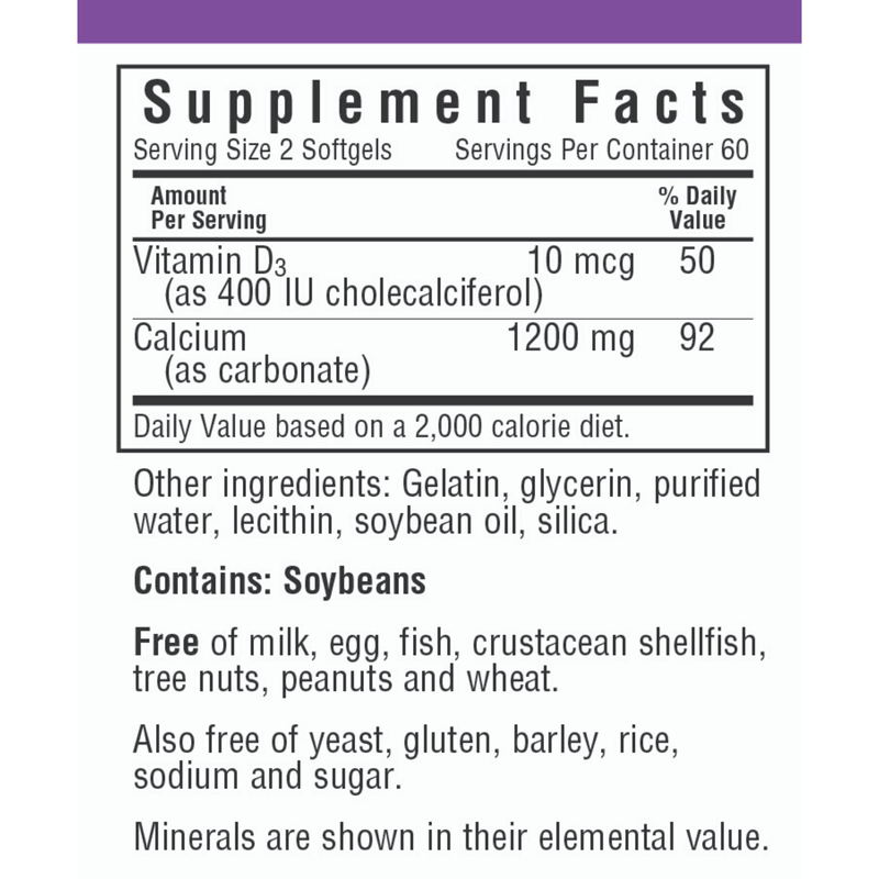 Bluebonnet Milk-Free Calcium 1200 mg Plus Vitamin D3 - Softgels - Puro Estado Fisico