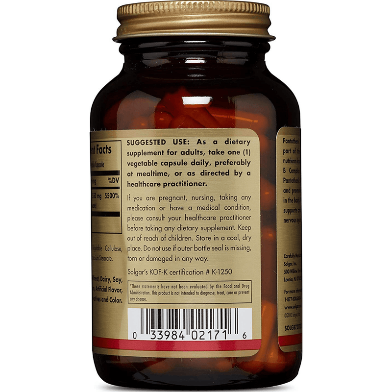 Solgar Pantothenic Acid 550 mg - 100 Cápsulas Vegetarianas - Puro Estado Fisico