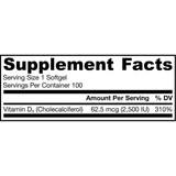Jarrow Formulas Vitamin D3 2500 IU - 100 Cápsulas Blandas - Puro Estado Fisico