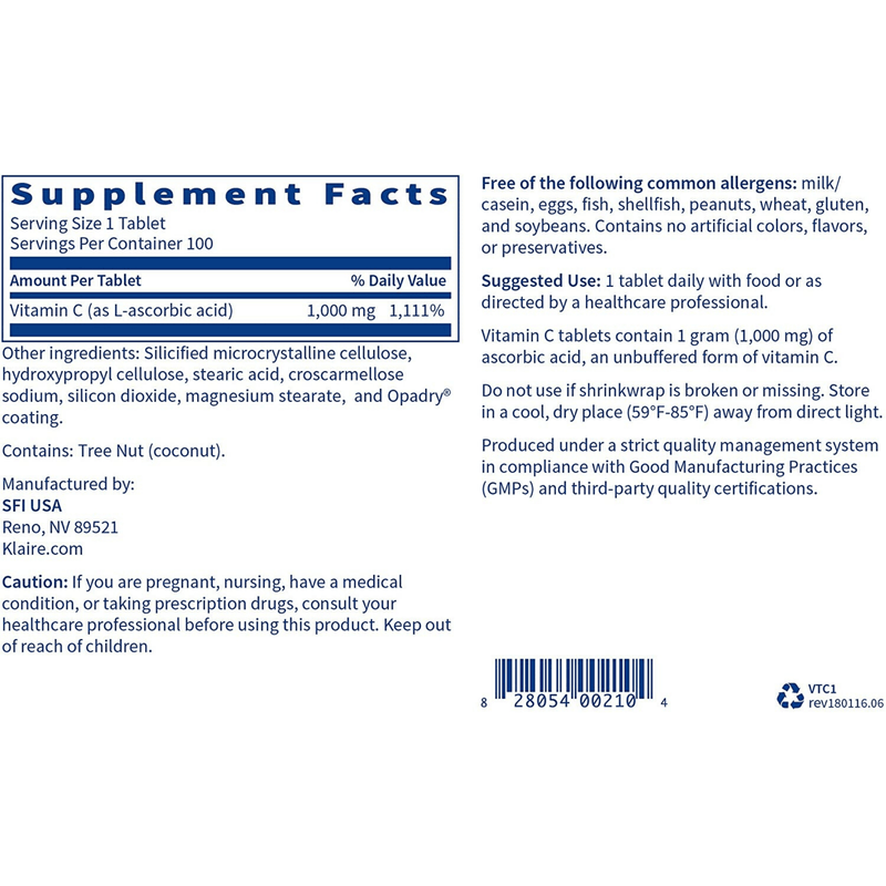 Klaire Labs Vitamin C - 100 Tabletas - Puro Estado Fisico