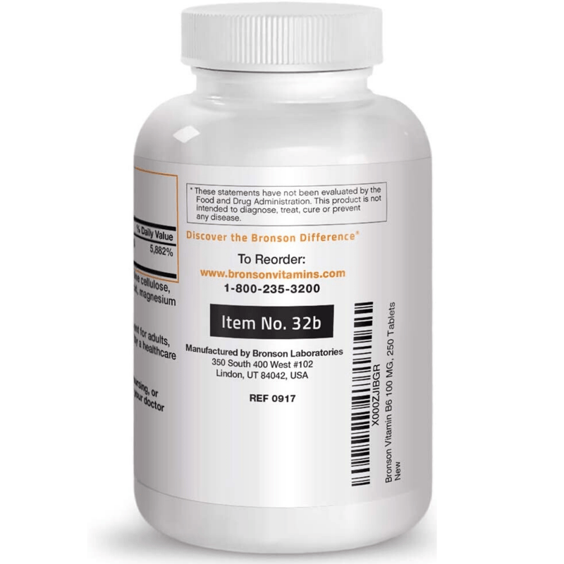 Bronson Vitamin B6 100 mg - 250 Tabletas - Puro Estado Fisico