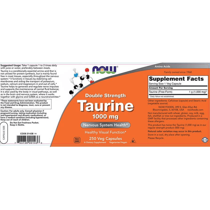 NOW Foods Double Strength Taurine 1000 mg - 250 Cápsulas Vegetales - Puro Estado Fisico