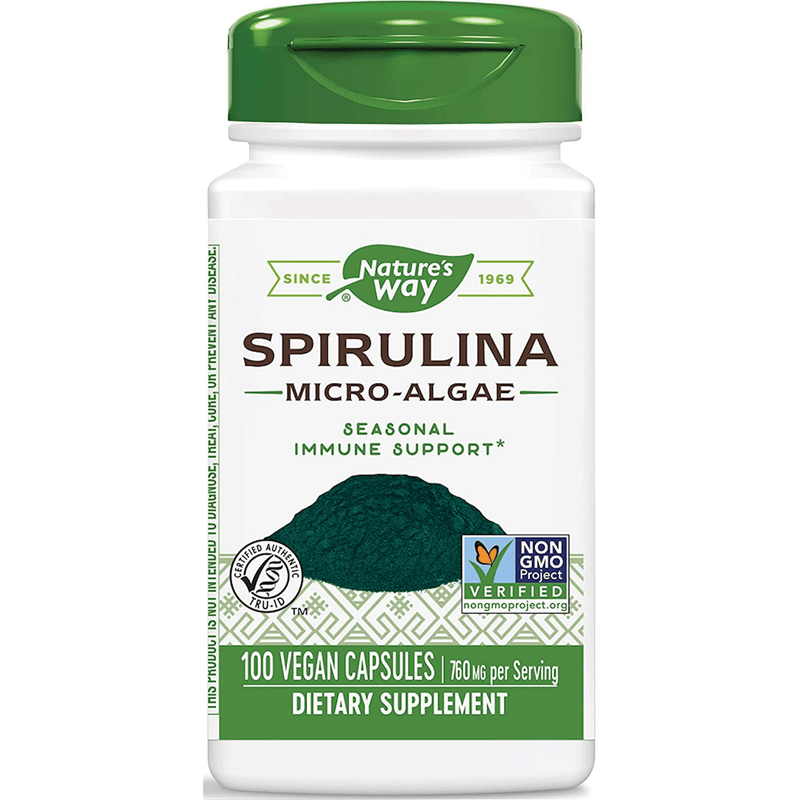 Natures Way Spirulina Micro-Algae - 100 Cápsulas Veganas - Puro Estado Fisico