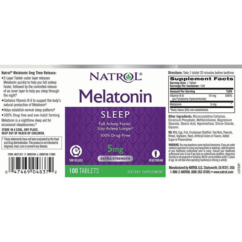 Natrol Melatonin 5 mg Time Release - 100 Tabletas - Puro Estado Fisico