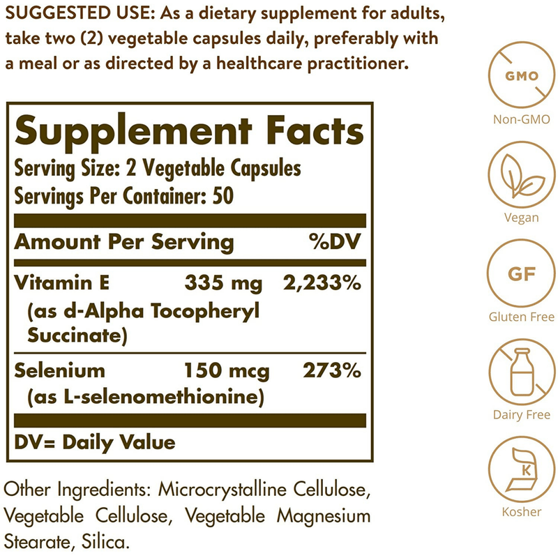Solgar Dry Vitamin E with Yeast Free Selenium - 100 Cápsulas De Origen Vegetal - Puro Estado Fisico