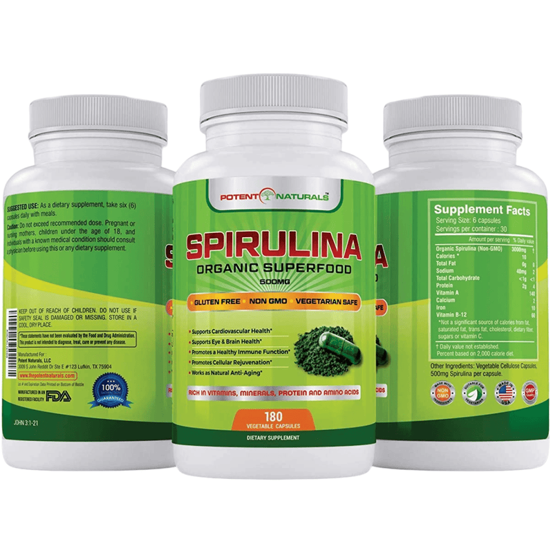 Potent Naturals Spirulina - 180 Cápsulas De Origen Vegetal - Puro Estado Fisico