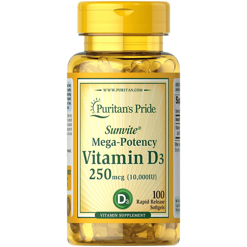 Puritans Pride Vitamin D3 250 mcg (10,000 IU) - 100 Cápsulas Blandas de Liberación Rápida - Puro Estado Fisico