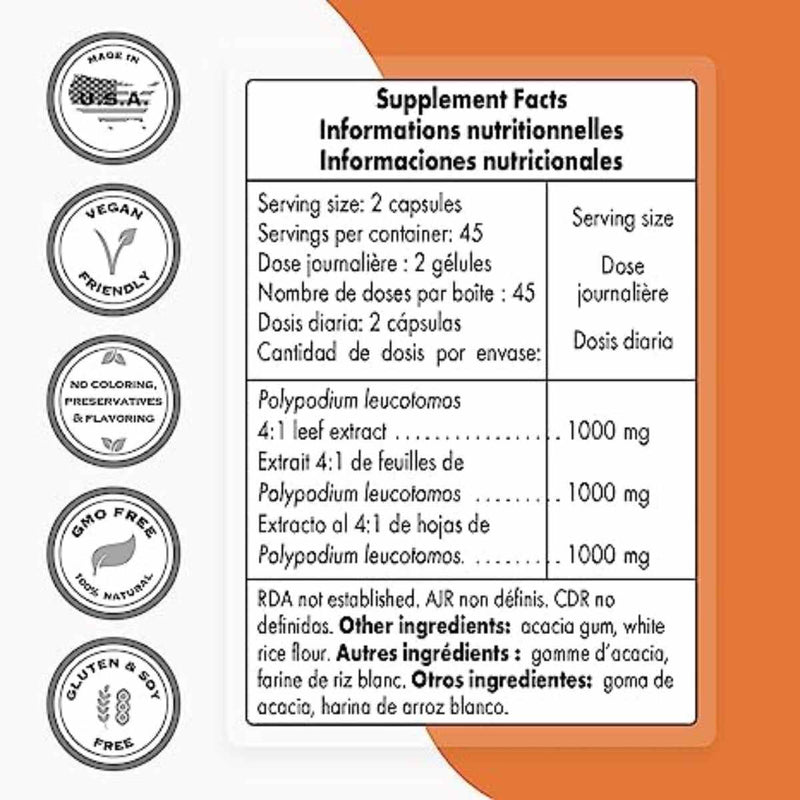 Extracto de Polypodium Leucotomos 1000 mg - 90 Cápsulas Vegetarianas - Puro Estado Fisico