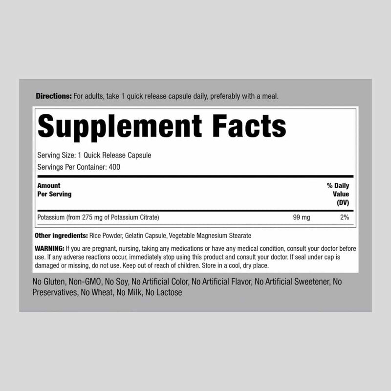 Citrato de Potasio - 275 mg - 400 Cápsulas - Puro Estado Fisico
