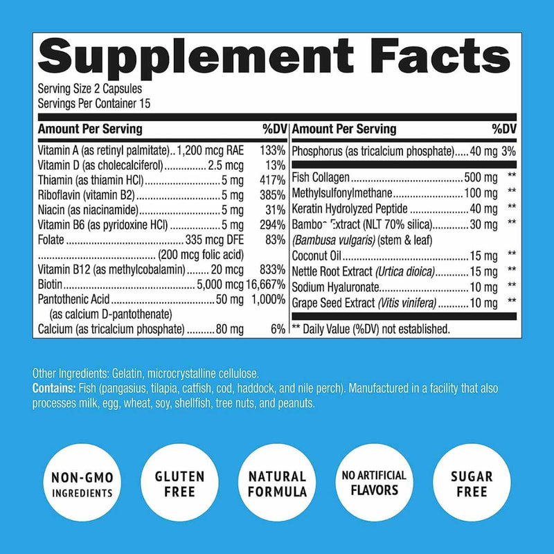 Super Natural Goods Vitaminas de Biotina y Colágeno más Queratina  - 30 Cápsulas - Tabla Nutricional - Puro Estado Físico