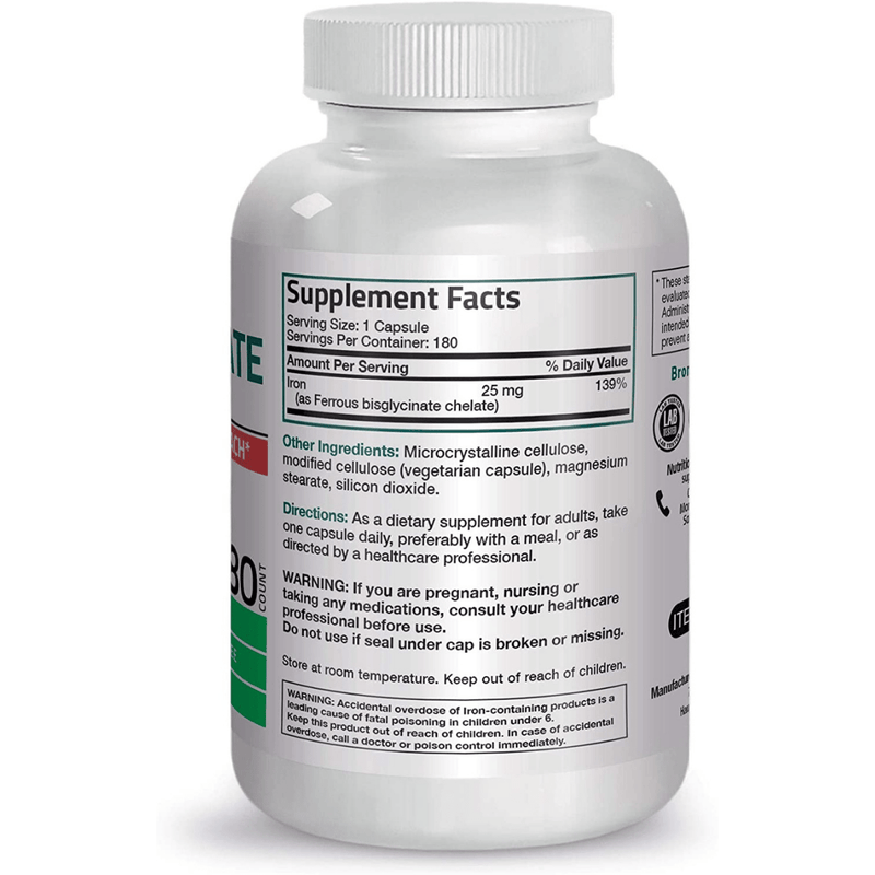 Bronson Iron Bisglycinate 25 mg - 180 Cápsulas Vegetarianas - Puro Estado Fisico