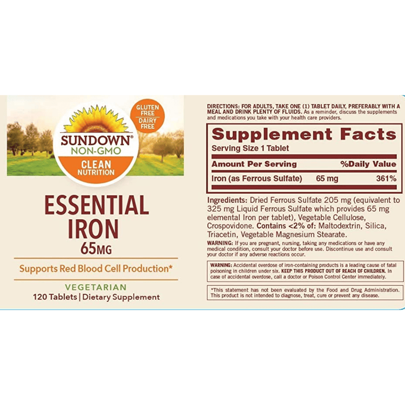 Sundown Naturals Iron Ferrous Sulfate 65 mg - 120 Tabletas - Puro Estado Fisico