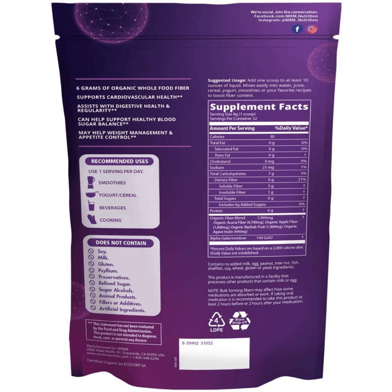 MRM Fibra Orgánica Con Enzimas & Prebióticos - 256 g - Puro Estado Fisico
