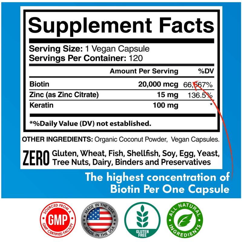 Americanstandardsupplements Biotin 20000 Mcg With Keratin Organic Coconut And Zinc 120 