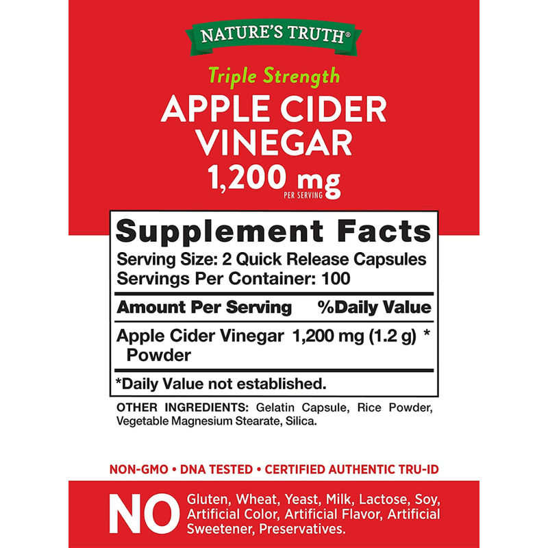 Natures Truth Apple Cider Vinegar 1200 mg - 200 Cápsulas de Liberación Rápida - Puro Estado Fisico