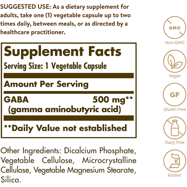 Solgar GABA 500 mg - 100 Cápsulas Vegetales - Puro Estado Fisico