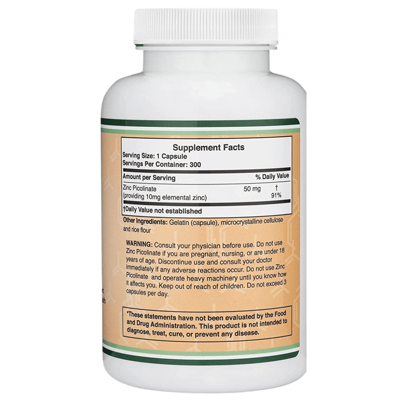 Double Wood Zinc Picolinate 50 mg - 300 Cápsulas - Puro Estado Fisico