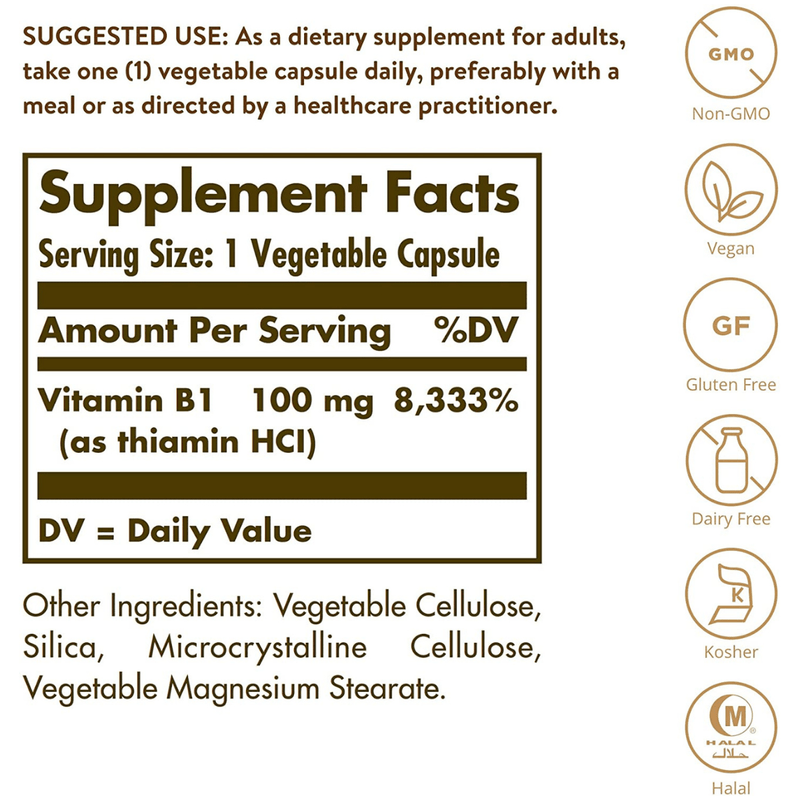 Solgar Vitamin B1 (Thiamin) 100 mg - 100 Cápsulas Vegetales - Puro Estado Fisico
