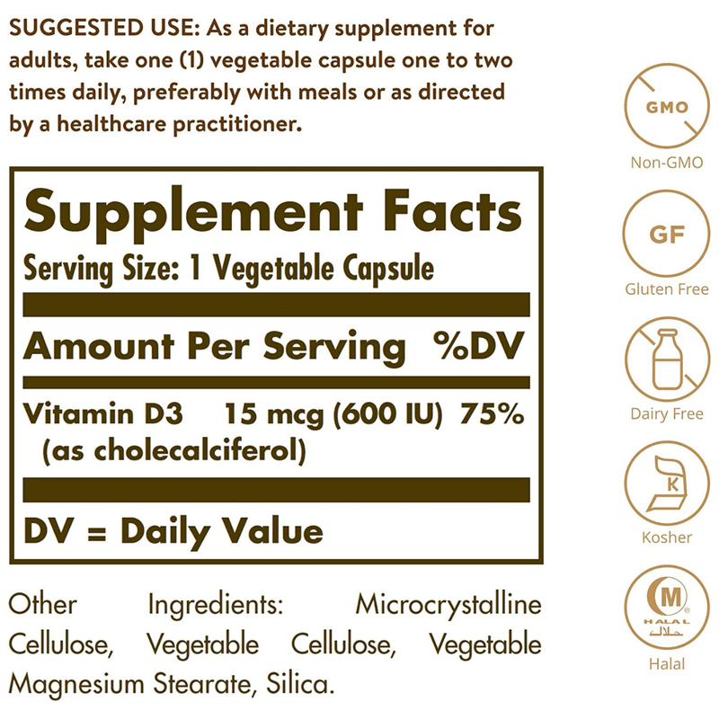Solgar Vitamin D3 (Cholecalciferol) 15 mcg (600 IU) - 120 Cápsulas - Puro Estado Fisico