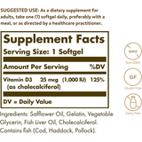 Solgar Vitamin D3 (Cholecalciferol) 25 mcg (1000 IU) - Puro Estado Fisico