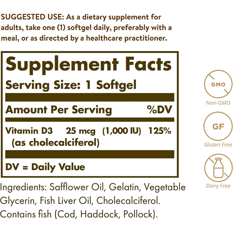 Solgar Vitamin D3 (Cholecalciferol) 25 mcg (1000 IU) - Puro Estado Fisico