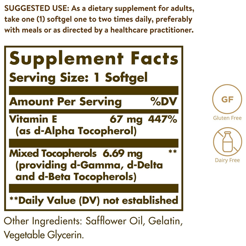 Solgar Vitamina E 67 mg (100 UI) - 100 Cápsulas Blandas - Puro Estado Fisico